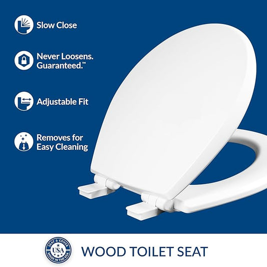 Mayfair Cassel Slow Close Toilet Seat, Easy Clean, Non Slip Premium Wood Seat, Easy Install, Made in USA, Round, White