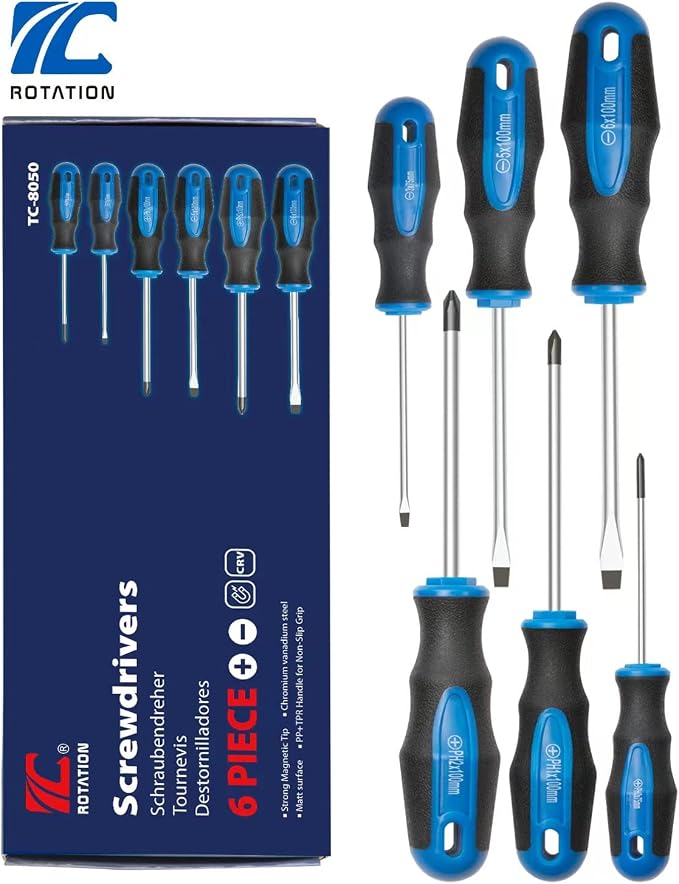 6PC Magnetic Tip Screwdriver Set, 3 Phillips and 3 Flat | 3 Phillips and 3 Flat, Professional Cushion Grip, 6-Piece Hand Tools Set