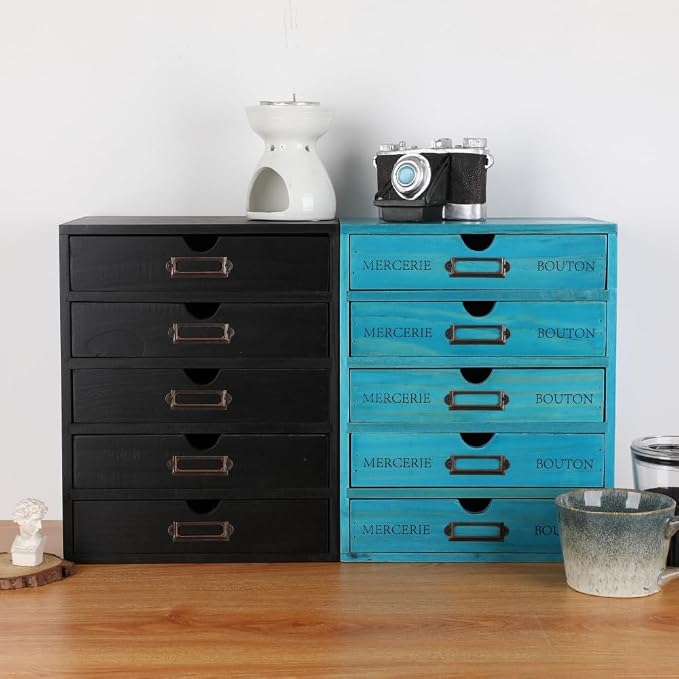 Wooden Storage Box with 5 Drawers Apothecary Drawers Vintage Wooden Drawers Wood Desktop Organizer with Drawers Countertop Drawers Library Card Catalog Cabinet Apothecary Cabinet (BLACK)