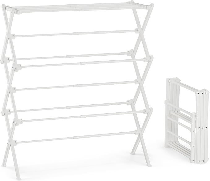 Foldable Clothes Drying Rack, Reinforced Joints, White | 35 lbs load, rustproof carbon steel, adjusts 17.7"-29"W, indoor & outdoor, tool-free