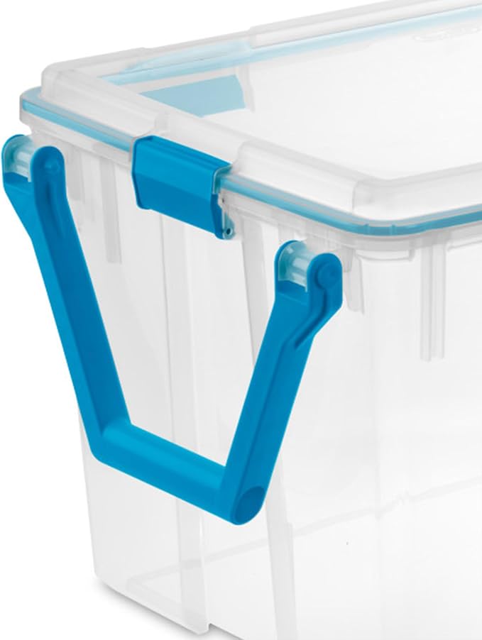 Sterilite Gasket Storage Box with Lids for Home & Office, 120 Quart, 6-Pack | Heavy-Duty, Stackable, and Organizing Containers for Bathroom, Cabinet, Closet, and Garage, Clear and Blue Aquarium Latches