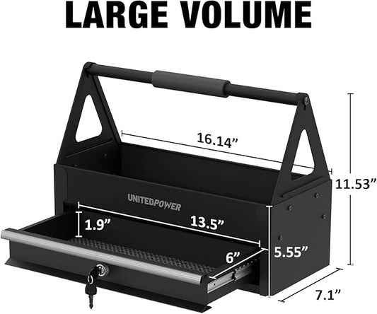 UNITEDPOWER Handy Tool Box With 1 Drawer,Portable Metal Tote Tray with comfortable grip handle, Tool Organization for Household, Warehouse, Repair Shop, Black