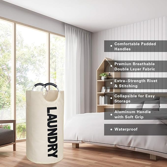 Large Laundry Basket, Laundry Hamper Bag with Handles, 95L, White | Freestanding Tall Dirty Clothes Hamper, Collapsible and Portable Laundry Bin for Dorms and Bedrooms, Thick, Sturdy Fabric