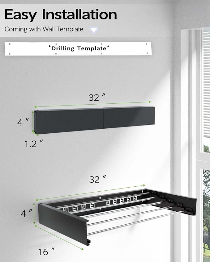 Vikaqi Wall Mounted Clothes Drying Rack 32", Foldable Wall Mount Laundry Rack Folding Indoor, Drying Rack Clothing Collapsible, Hidden Space Saver with Wall Template, 5 Rods, Black