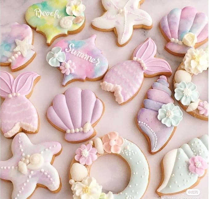 Mermaid Cookie Cutters,Mermaid tail, Starfish, Seashell-Stainless Steel Holiday Cookie Cutters Shapes for Baking Gift