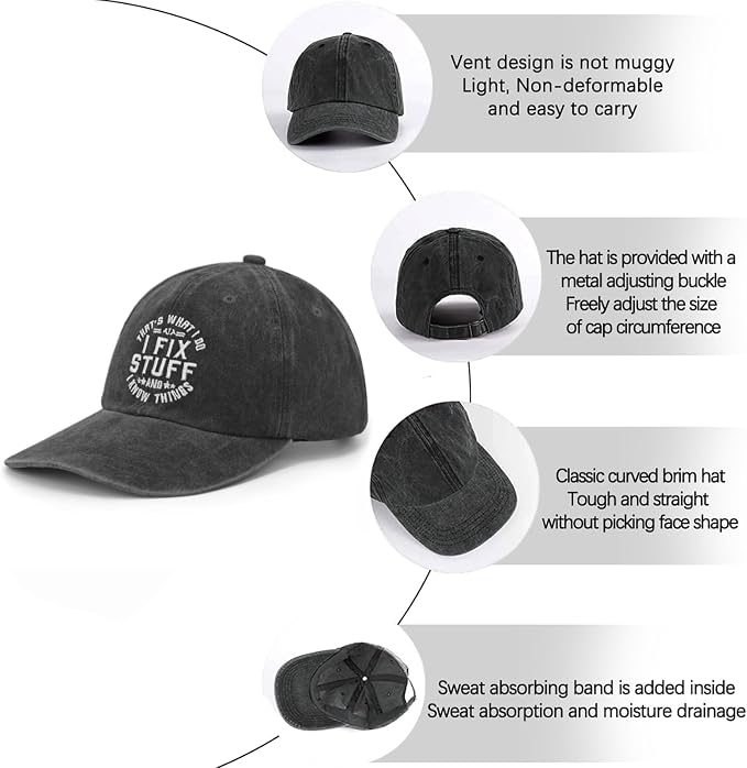 Embroidered That's What I Do I Fix Stuff & I Know Things Vintage Cotton Washed Soft Mesh Baseball Hat