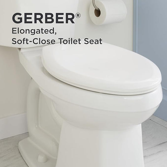 Gerber Universal Elongated Toilet Seat with Cover, Soft Close, Top Mount, Easy Install, Heavy-Duty Plastic, Adjustable Fit for Standard Elongated Toilets, Fade-Resistant, White G0099849