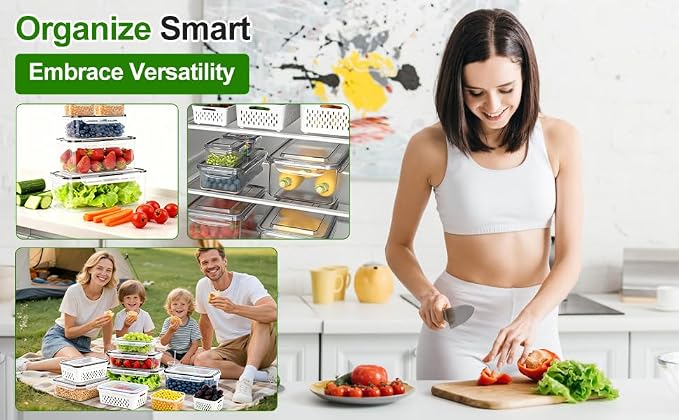 KUK 5 Pack Fruit Storage Containers for Fridge, Leakproof Food Containers with Removable Colander, Berry Containers for Fridge BPA Free Produce Saver Keep Vegetables Berry Meat Fresh Longer (5)