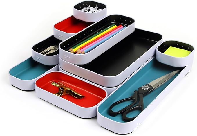 Three by Three Seattle Metal Drawer Organizer Tray Set, 10-Pc, 1" (Multi) | Colorful food-safe metal bins; soft non-scratch base; organize utensils, makeup & supplies across every room