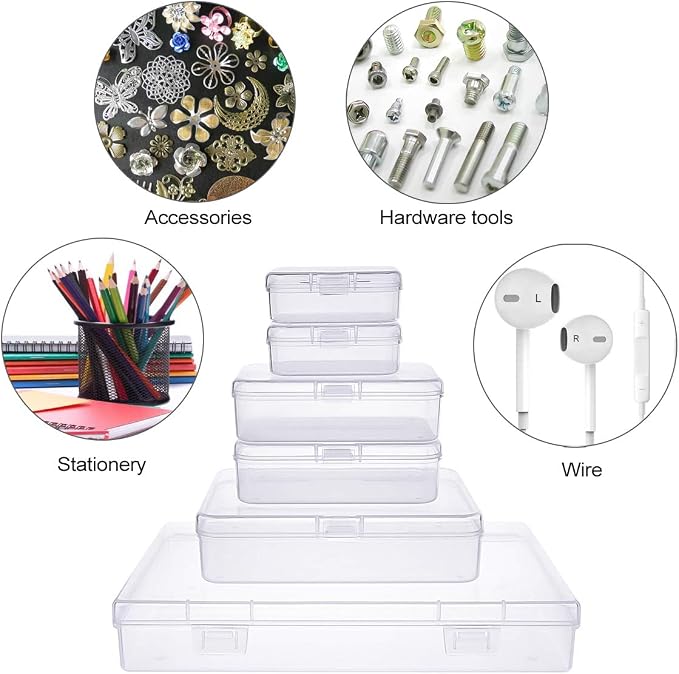 24 Pieces Mixed Sizes Rectangular Empty Mini Clear Plastic Organizer Box | Hinged Lids, For Small Items, Craft Projects