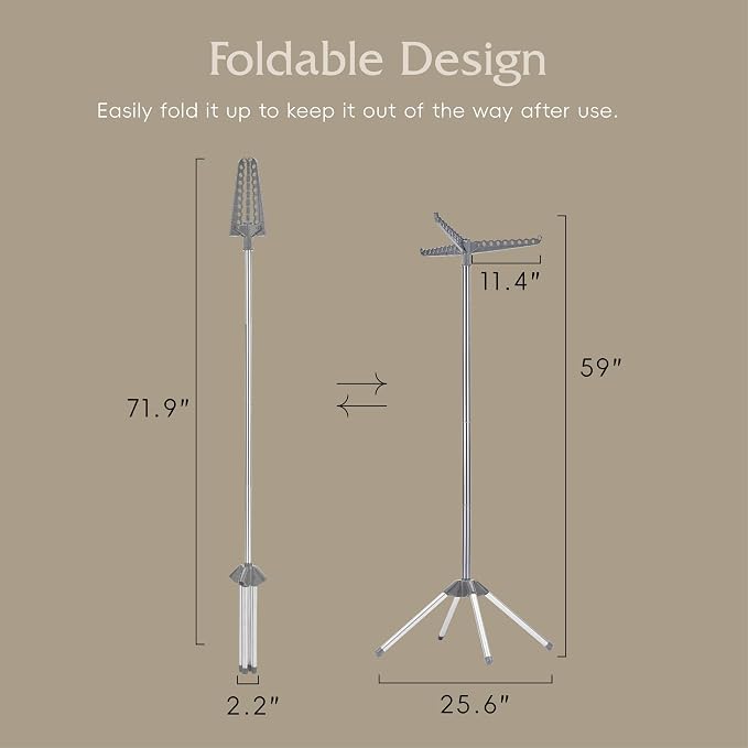 Beaudaily Clothes Drying Rack, Foldable Laundry Drying Rack, Indoor 59-Inch Drying Rack Clothing with 3 Rotatable Arms, Stainless Steel, Holds 27 Pieces, Space Saving, Portable, Grey and Silver