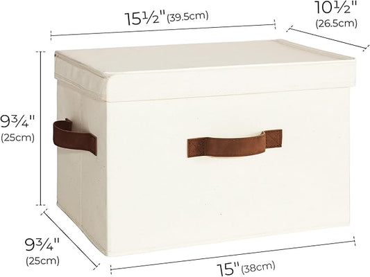 StorageWorks Fabric Storage Bins with Lid, Decorative Storage Boxes for Shelves, Stackable Closet Organizer Basket with Handles, Large, Ivory White, 2-Pack