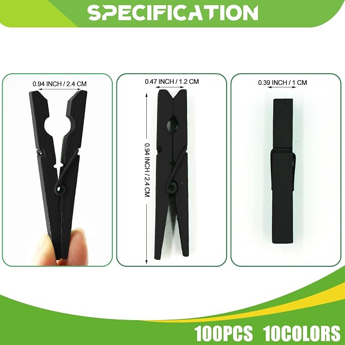 100 Pcs Black Clothes pins - 2.9 Inch Wooden Clothespins Cheer Clips | Vibrant for Crafts Classroom Decorations Clothing Pictures Laundry Solid Wood No Splinters Fade‑Proof