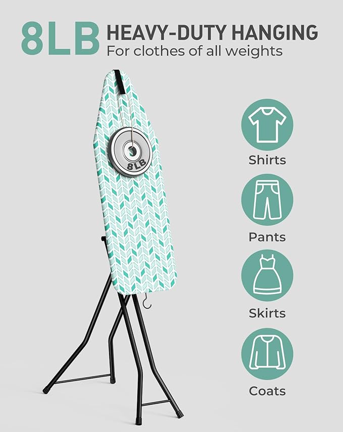 LyriFine Ironing Board, 2-in-1 Ironing and Steaming Board, Sturdy Steel Frame Iron Board with Non-Slip Feet, Heat Resistant Cover Iron Board, Foldable Compact Ironing Board with Hook, 14″ x 43″ Green