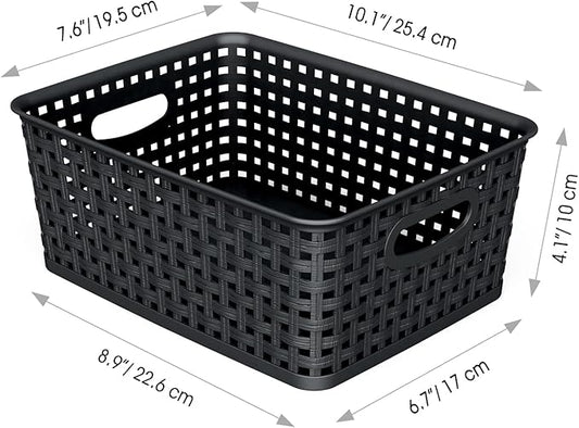 WYT 12-Pack Plastic Small Shelf Storage Weave Baskets for Organizing, Black