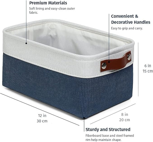 OrganiHaus Small Fabric Storage Baskets 6 Pack, 12x8in Cloth Storage Bins for Shelves, Small Baskets for Organizing Bathroom Pantry Closet, Canvas Shelf Baskets, Navy Blue/Off-White