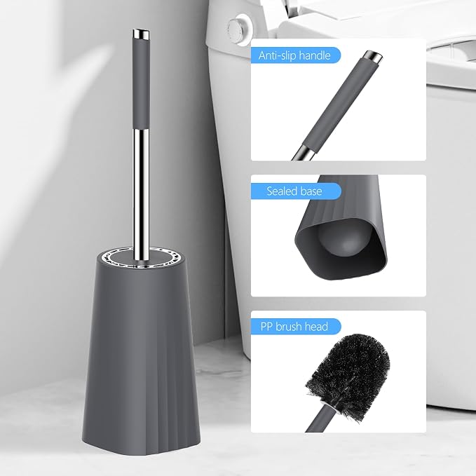 SetSail Toilet Brush, Compact Size Toilet Bowl Brush and Holder Toilet Brushes for Bathroom with Stainless Steel Handle Toilet Cleaner Brush with Durable Scrubbing Bristles, 3 Packs,Grey