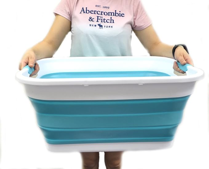 SAMMART Set of 2-41L(10.8 gallon) Collapsible Plastic Laundry Basket-Pop Up Storage Container-Portable Washing Tub-Space Saving Hamper, Water capacity:32L(8.4 gallon) (2 rectangular, Bright Blue)