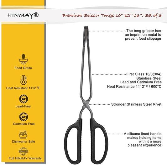HINMAY 10" 12" 16" Stainless Steel Kitchen Tongs Set, Non-Slip Comfortable Grip Scissor Tongs for Cooking, Grilling & Serving, Set of 3