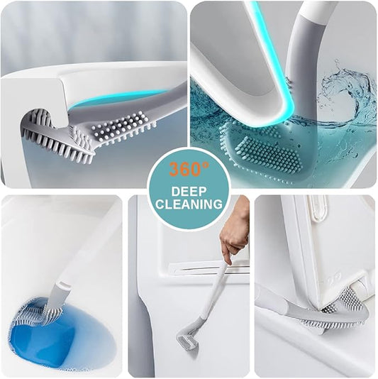 Toilet Brush, Long Handle Golf Toilet Brush with Holder 360° Deep Cleaning Flexible Silicone Toilet Cleaner Brush Wall Mounted for Bathroom (White)