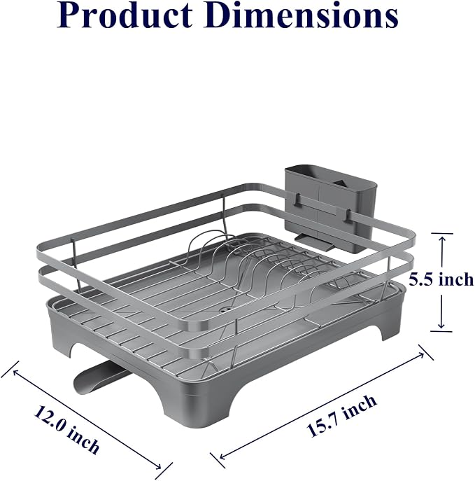 Kitsure Dish Drying Rack - Multi-Functional Dish Rack for Kitchen Counter with Cutlery Holder, Rust-Proof Storage Solution with Rotatable, 15.7" x 12.0" x 5.5", Grey