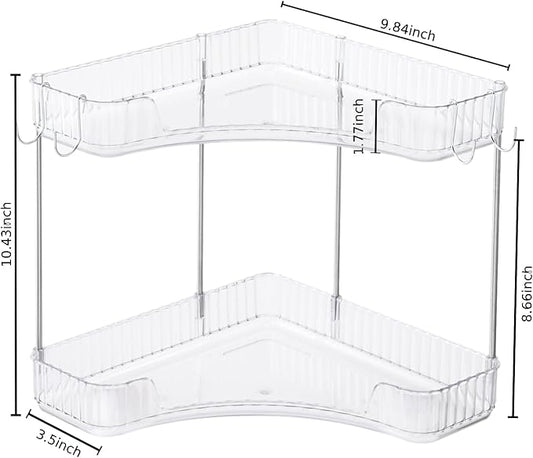 2-Tier Corner Bathroom Organizer Countertop with Hooks, Bathroom Sink Corner Vanity Storage for Makeup, Skincare and Perfume (White Silver)