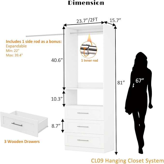 Closet System with 3 Drawers,Organizer,2 Rods,2FT-5FT, White | 3 Wooden Drawers, Modular Organizer,2 Stainless Steel Expandable Hanging Rods & Shelf,Walk-in Freestanding Storage