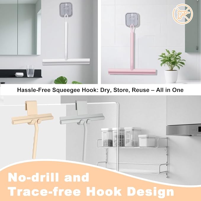 Squeegee for Shower Glass Doors, Resilient Loop - No-Drill & Adhesive Hook, Silicone Shower Squeegee with Stainless Steel Core, Cleaning Tool for Home, Kitchen, Bathroom & Car - Beige