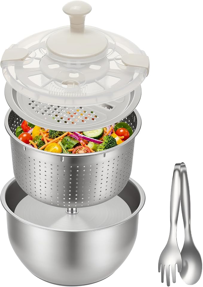 Stainless Steel Salad Spinner Set with Grater and Food Clip, 6L Large Metal Salad Spinner, Fruit Vegetable Dryer with Built-in Drain Spout for Dehydrating Fruit and Vegetable, Pasta (Silver)