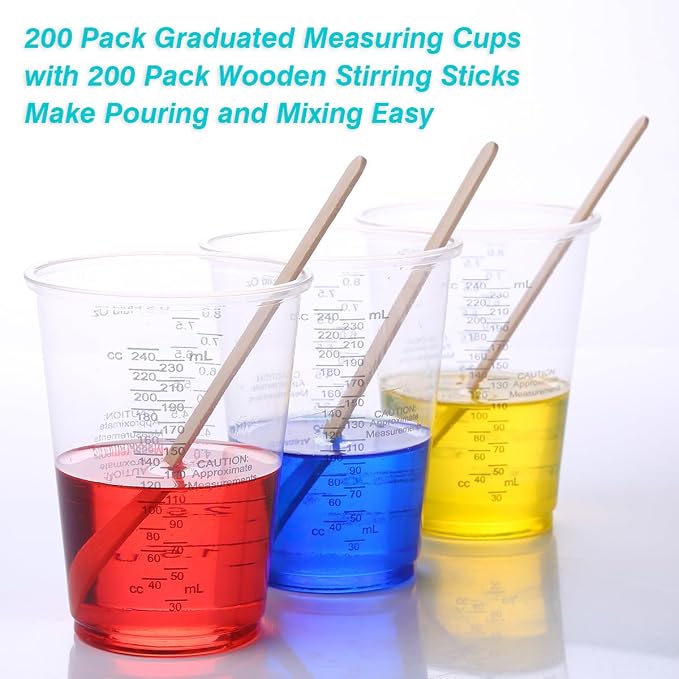 200Pcs 8oz Graduated Clear Plastic Measuring Cups Disposable Mixing Cups with Wooden Stirring Sticks for Mixing Paint Pigments Epoxy Resins Resins