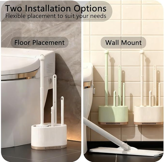 4 in 1 Toilet Cleaner Brush Toilet Bowl Brush and Holder Set Silicone Toilet Brush,Stuff Floor Standing or Wall Mounted Toilet Scrubber Without Drilling (White)