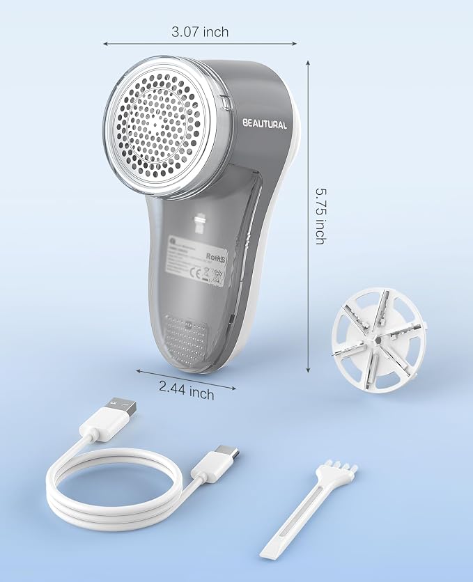 BEAUTURAL Fabric Shaver and Lint Remover, Rechargeable Sweater Defuzzer | 6-Leaf Blades, Electric Clothes Shavers to Trim Fuzz and Pills, Remove Pilling for Clothing, Furniture, Couch, Blanket