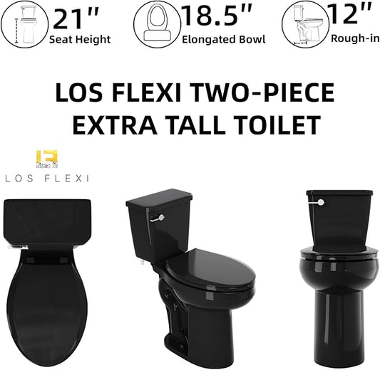 21 Inch High Black Toilet, Los Flexi Comfort 21" Extra Tall Toilets For Seniors, Elongated Bowl, Two-Piece Glossy Black Design, 1.28 GPF Single Flush, Soft-Closing Seat, 12-Inch Rough-In