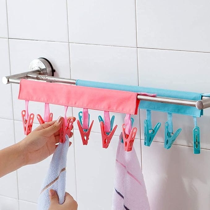 TamBee Travel Hanger Clips, Cruise Ship Essentials Portable Folding Clothes Hanger Clips Towel Drying Rack Sock Dock Swimsuit Drying Rack Hanger with 6 Clips Pack of 3 (Black,Blue,Red)