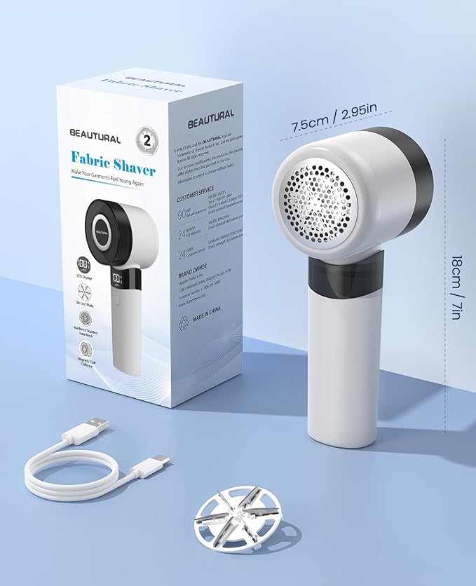 BEAUTURAL Fabric Shaver and Lint Remover, Rechargeable Sweater Defuzzer | LED Display, 3-Speed Settings, 6 Leaf Blades, Portable Pilling Remover for Clothes, Furniture, Blankets