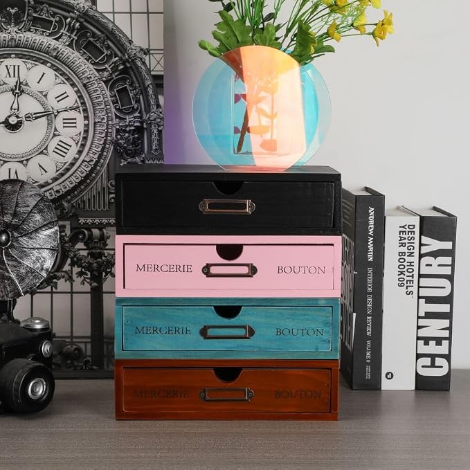 Wooden Storage Box Apothecary Drawers Vintage Wooden Drawers Wood Desktop Organizer Countertop Storage Box Library Card Catalog Cabinet Apothecary Cabinet(BLUE)