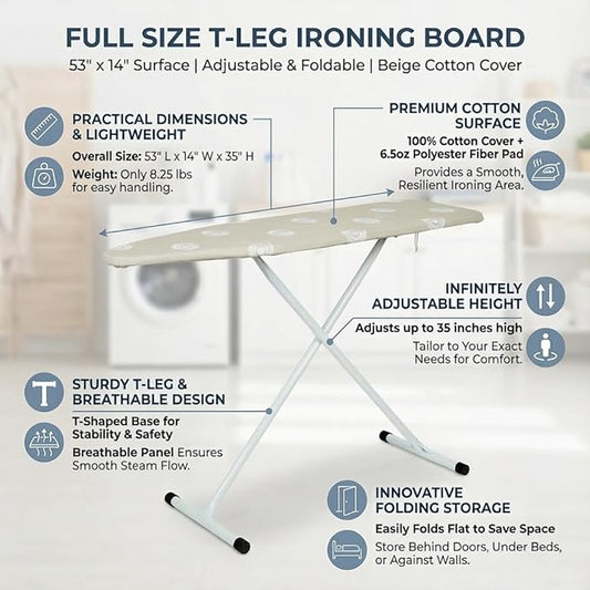 Ironing Board,T-Leg Ironing Board Full Size,53" x 14" Ironing Boards,Foldable with Cotton Pad Cover Home Use-Beige