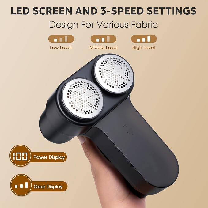 Dual Motors Rechargeable Fabric Shaver,3-Speed Lint Remover for Clothes Sweat & Furniture Couch,Eliminates Fuzz & Pilling,Electric Lint Shaver with LED Display & Type-C Fast Charging Port - Black