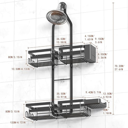 Over the Shower Head Caddy for Handheld Showerhead - Rustproof Hanging Shower Organizer, No Drill 2-Tier Bathroom Storage Shelf with Soap Holder, Black