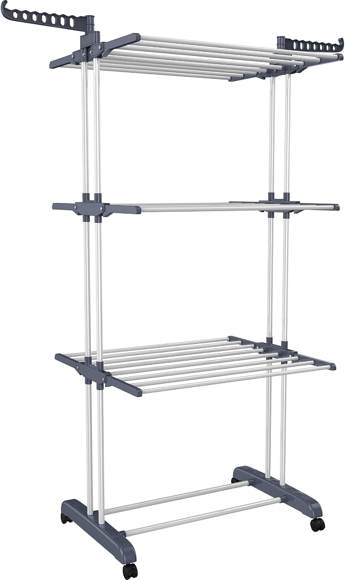 HOMIDEC Clothes Drying Rack, 4-Tier(67.7" H) Foldable Drying Rack Clothing | Foldable Stainless Steel Drying Rack, Movable Laundry Drying Rack with 4 Castors and 14 Hooks for Bed Linen, Clothing, Grey