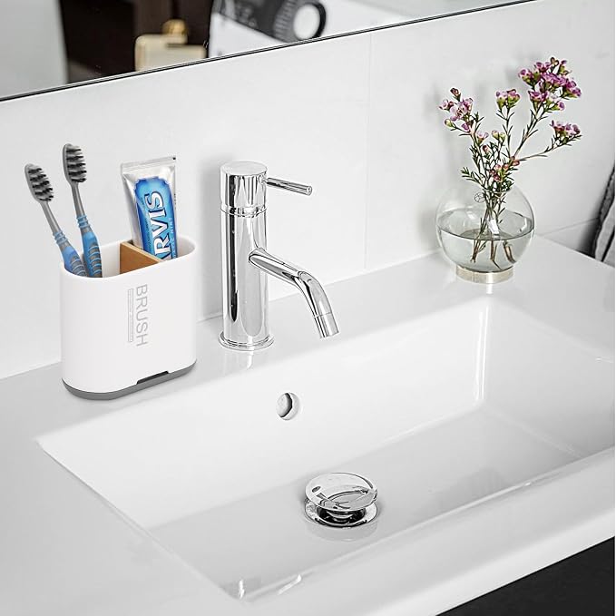 Toothbrush and Toothpaste Holder with Bamboo Divider for Bathroom Countertop Organizer, Detachable for Easy Clean, 2 Slots Electric Toothbrush Holders Storage Caddy Drainage for Family-White