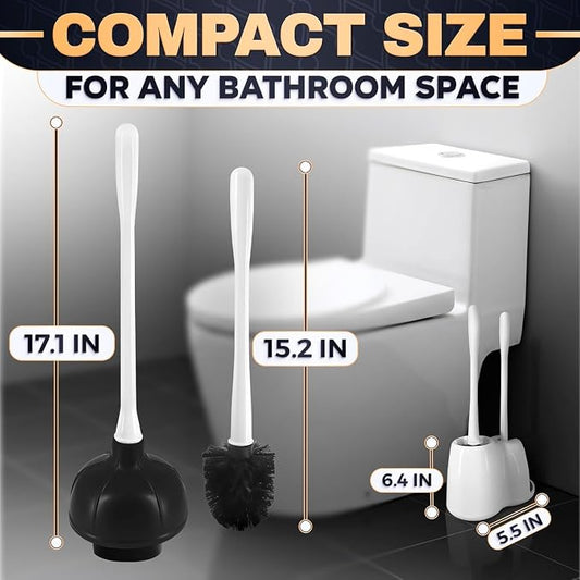 15.2" Toilet Brush and Plunger Set with Holder, Nylon Bristles, (White) | Toilet Bowl Brush, Holder and Plunger, Easy to Place and Simple to Store After Use, Compact Accessory for Small Spaces