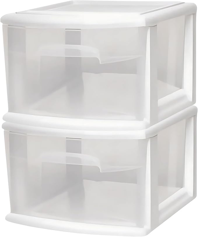 HOMZ 1 Drawer Storage Cart, Medium Plastic Container, White Frame, 2 Pack | 14.25" Wide Medium Tote with 1 Clear Drawer for Organizing Bathrooms, Bedrooms, Home Offices, Closets, and Dorm Rooms