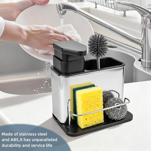 Dish Soap Dispenser, 3-in-1 Sponge Holder, Organizer Dish Soap Dispenser,Sink Caddy,Stainless Steel Dishs Brush Scrubber with Sponge Holder(Color:Black)