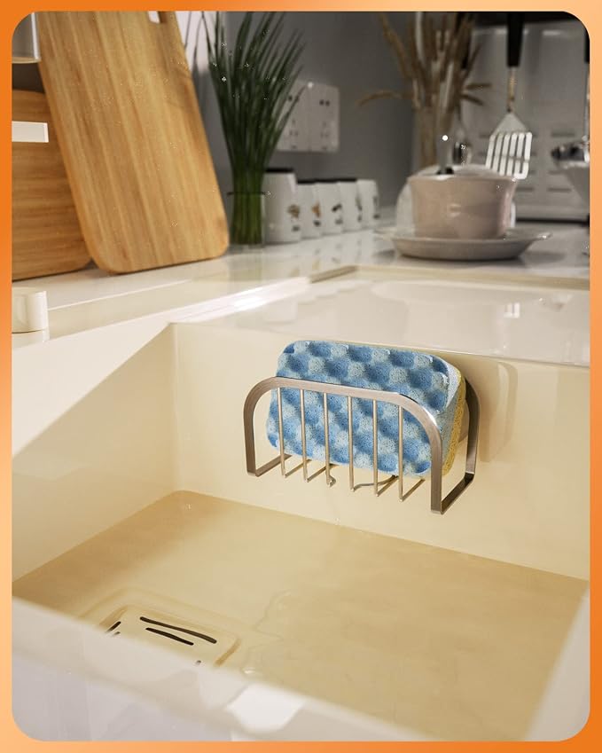 SWTYMIKI Sponge Holder for Kitchen Sink, Movable Sink Sponge Holder with Suction Cups Stainless Steel Sink Caddy Suction Cup for Sponge & Brush, Silver