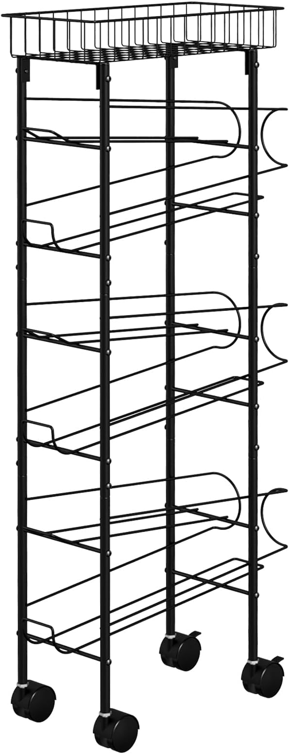 MOOACE Slim Soda Can Storage Cart with Wheels, Canned Food Organizer, Black | Rolling Cans Dispenser Rack, Top Basket, For Kitchen Pantry, Narrow Space