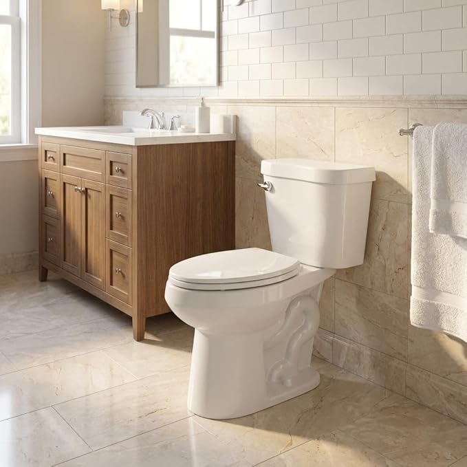 Two Piece Elongated Toilet, ADA 19" Height with Side Press Flush, 12" Rough-In, Powerful Flushing System & Under-Locking Lid for Bathroom Comfort
