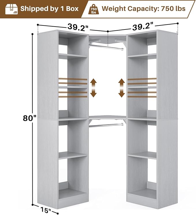 Besiost Corner Closet System with 12 Shelves, 39.2" Corner Closet Organizer System with 2 Hanging Rods, Versatile 6-Tier Walk-in Closets for Corner Space, Grey (39.2" L x 39.2" W x 80" H)