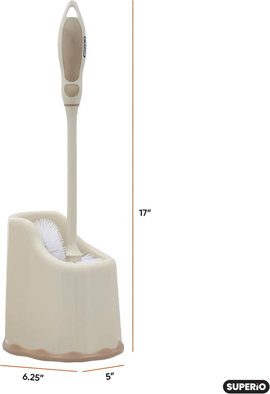 Superio Toilet Bowl Brush and Holder with Under Rim Cleaner for Bathroom, Toilet Brush and Caddy with Non Scratch Bristles and Under Rim Lip Brush, Beige (2 Pack)