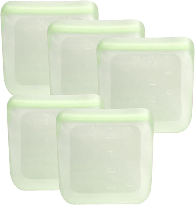 purifyou Set of 5 Reusable Silicone Storage Snack Bags 6oz / 16oz / 32oz / 64oz Self-Seal Food Storage Container for Fruits, Vegetables, Sandwiches, Dishwasher Safe & Leak-free (LimeCream, 32oz)